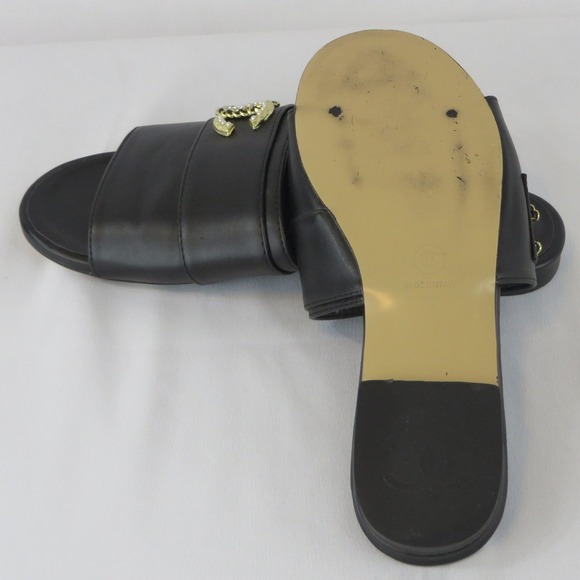 Chanel Black Leather CC Pearl Crystal Logo Slide Sandals Flat Shoes EU 38 US 8 - Picture 9 of 13